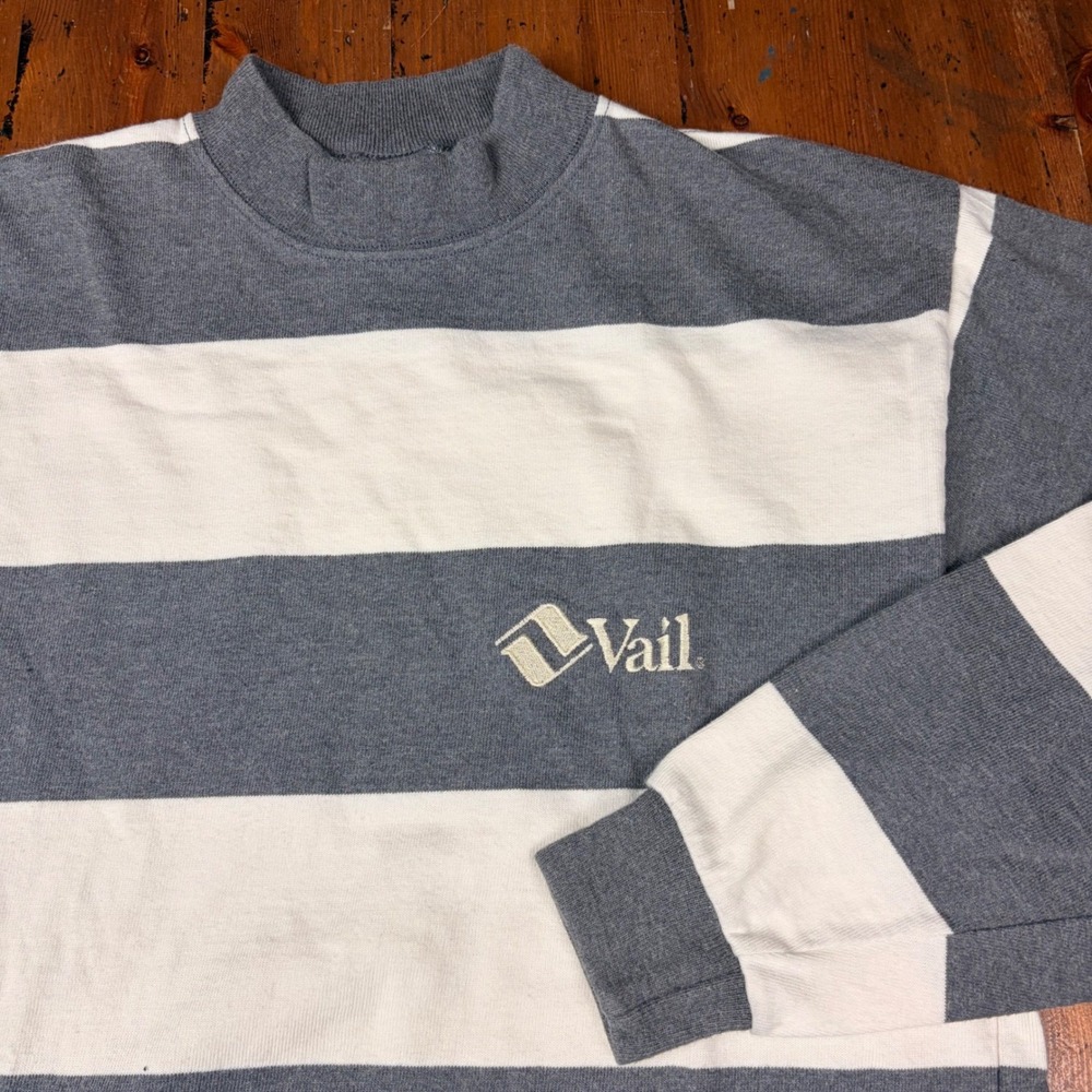 Vintage Cross Creek Vail Striped Mock Neck Shirt Mens M Grey White Rugby‎ USA